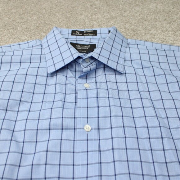 Nordstrom Shirt Mens 17, 34/35 Blue Smartcare Wrinkle-Free Cotton Trim Fit L/S - Picture 5 of 13
